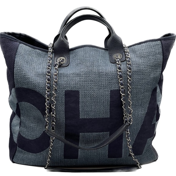 Chanel Deauville Denim Cruise Collection Large Shopper 2 Way Chain Tote Bag Rare - Picture 15 of 15